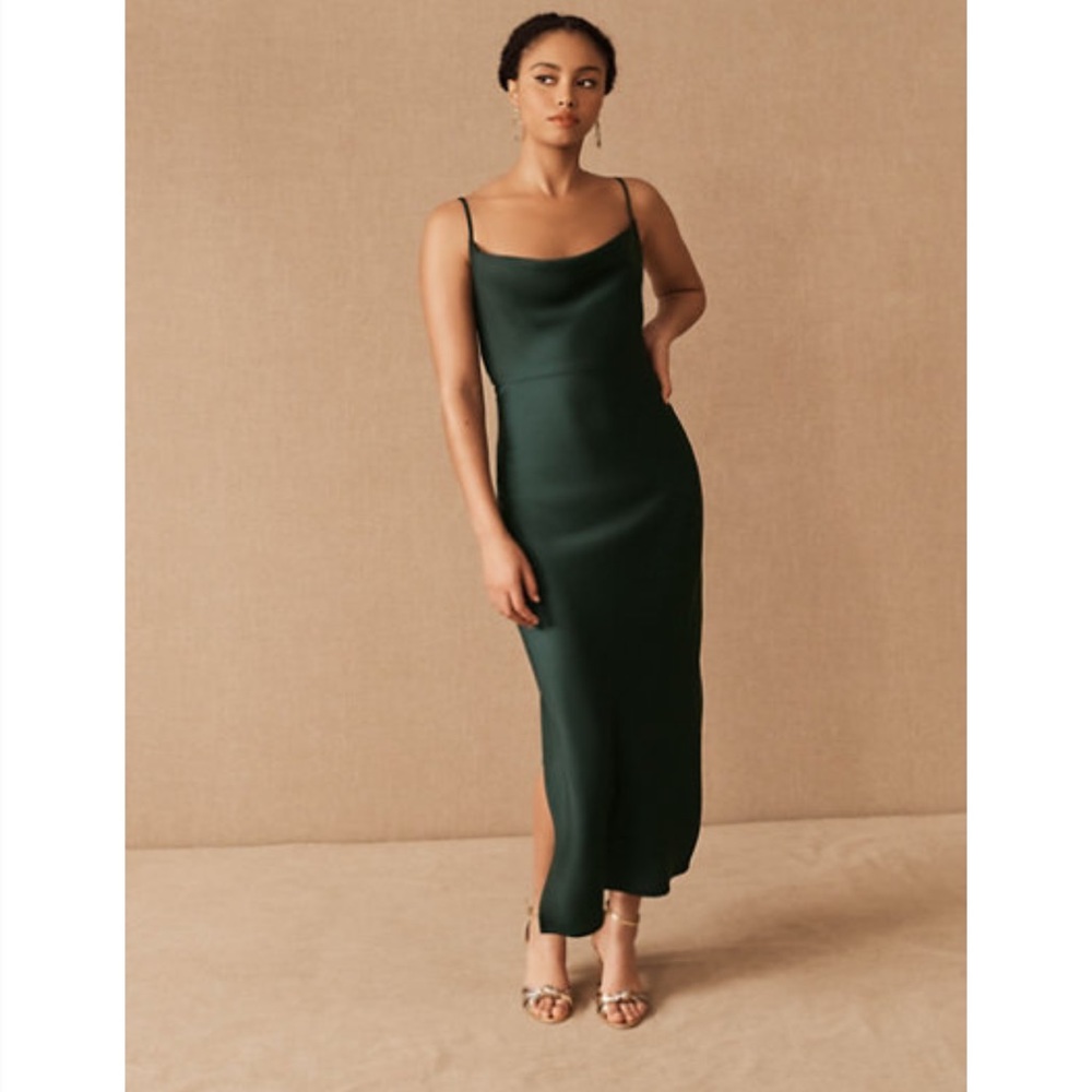 BHLDN Cali Satin Charmeuse Midi Dress Size 6 Dark Emerald Green NWT